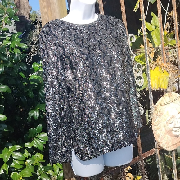 '70s vintage intricate black and silver sequin metallic top medium - Picture 5 of 7